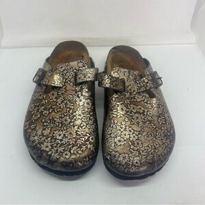 PAPILLIO Birkenstock Bronze Metallic Floral Embossed clog size 4 Boston mules